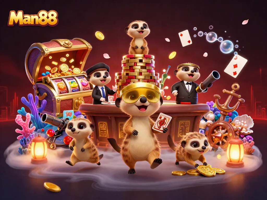 Man88 casino meerkats operate a vibrant scene with treasure, slots, and colorful gems.