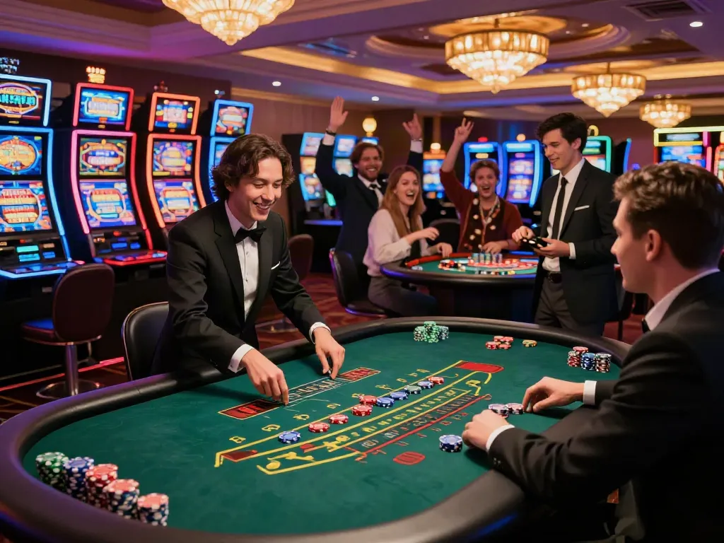 Engaging scene of players enjoying a casino not on GamStop, celebrating wins at blackjack and roulette tables.