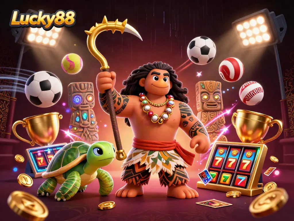 Experience the thrill of Lucky88 with dynamic sports action and casino elements in this vibrant 3D illustration.