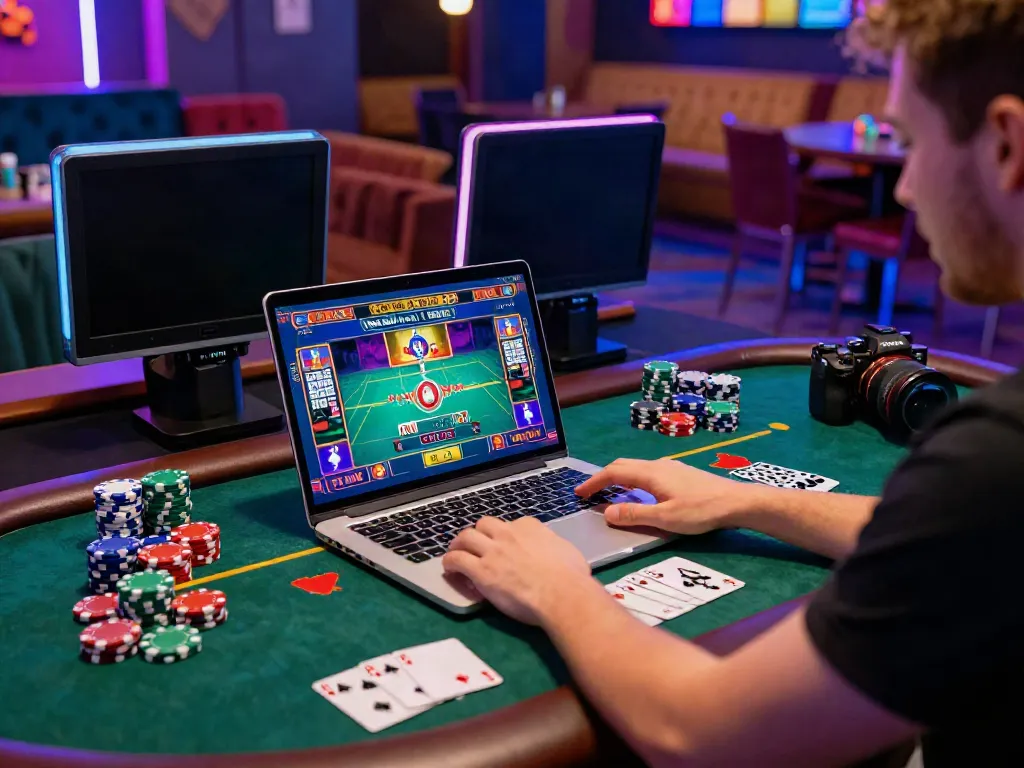 Player enjoying a thrilling game at a casino not on Gamstop with vibrant surroundings.