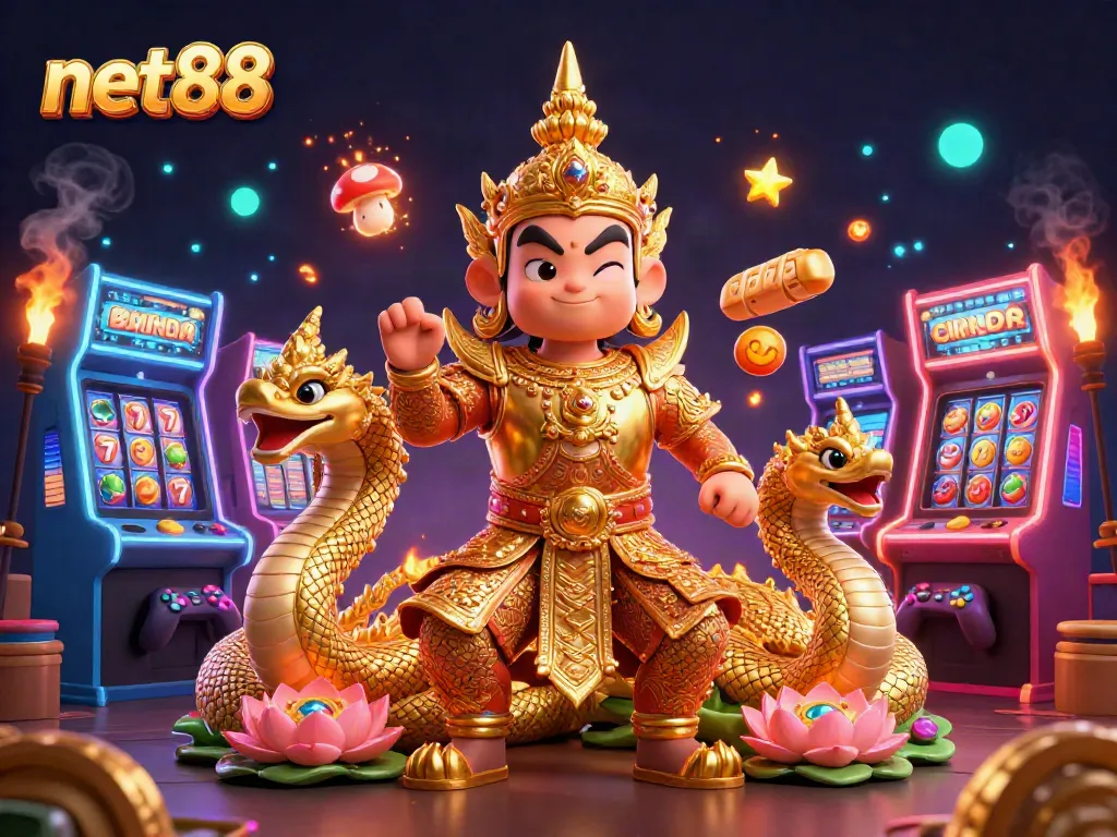 Engage with net88's vibrant 3D casino illustration showcasing exciting gaming elements and characters.