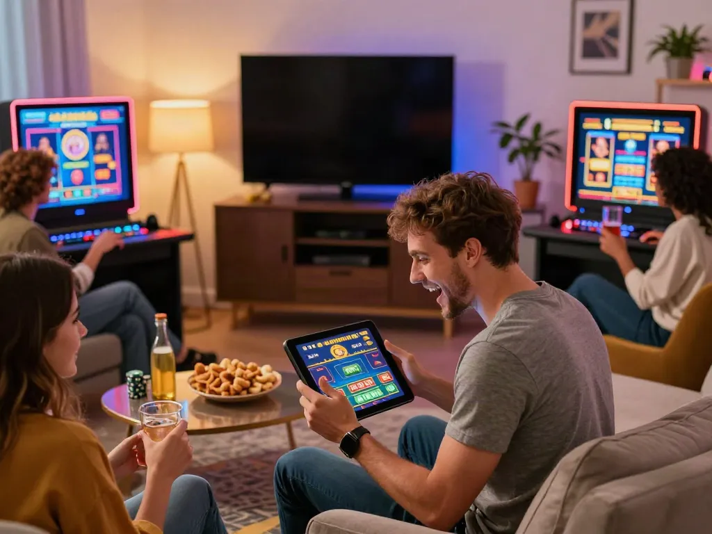 Group of friends enjoying gaming at home with casino not on gamstop theme.