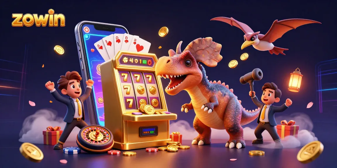 Zowin gaming scene with a dinosaur headbutting a slot machine for jackpot coins amid vibrant casino elements.