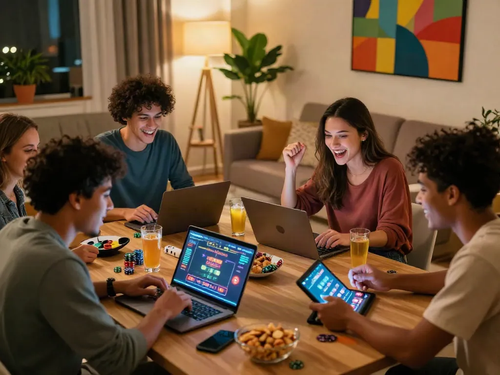 A lively group enjoying games at a casino not on Gamstop in a modern living room setting with colorful lights and snacks