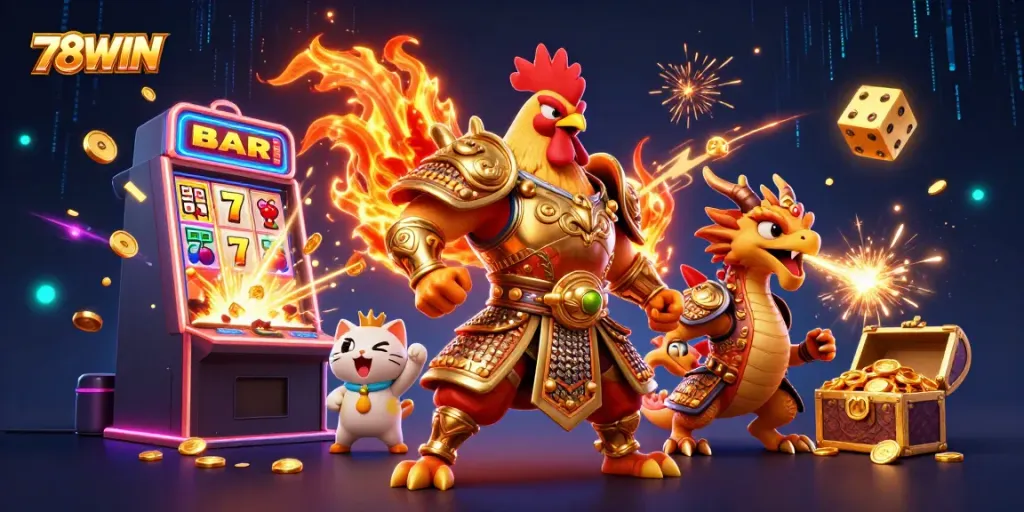 Experience thrilling gameplay at 78WIN with a dynamic illustration of gaming excitement and golden jackpots.