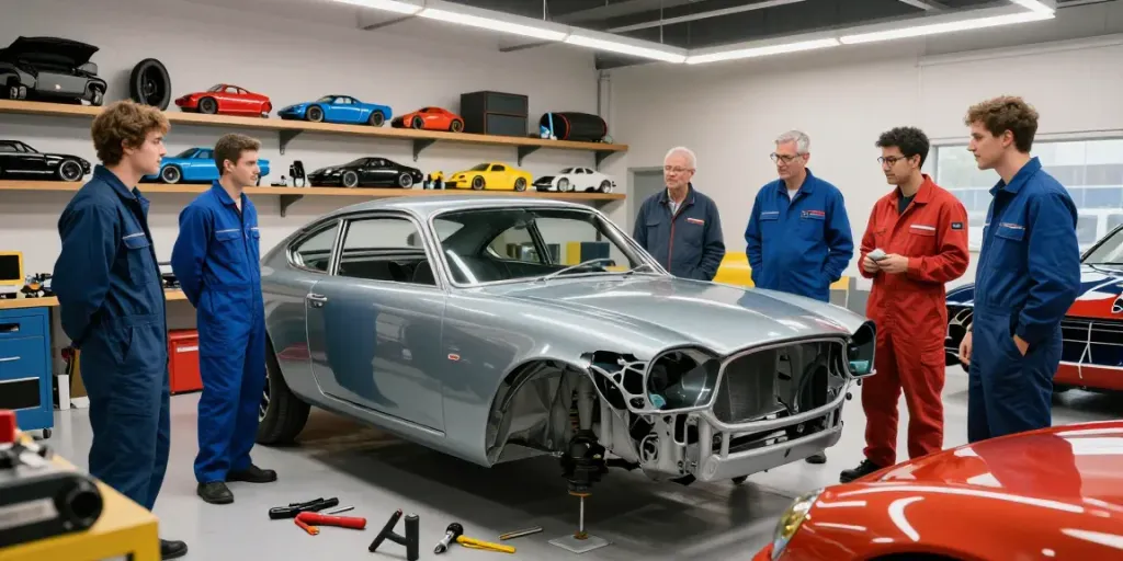 Car United enthusiasts restoring a classic car in a modern garage.