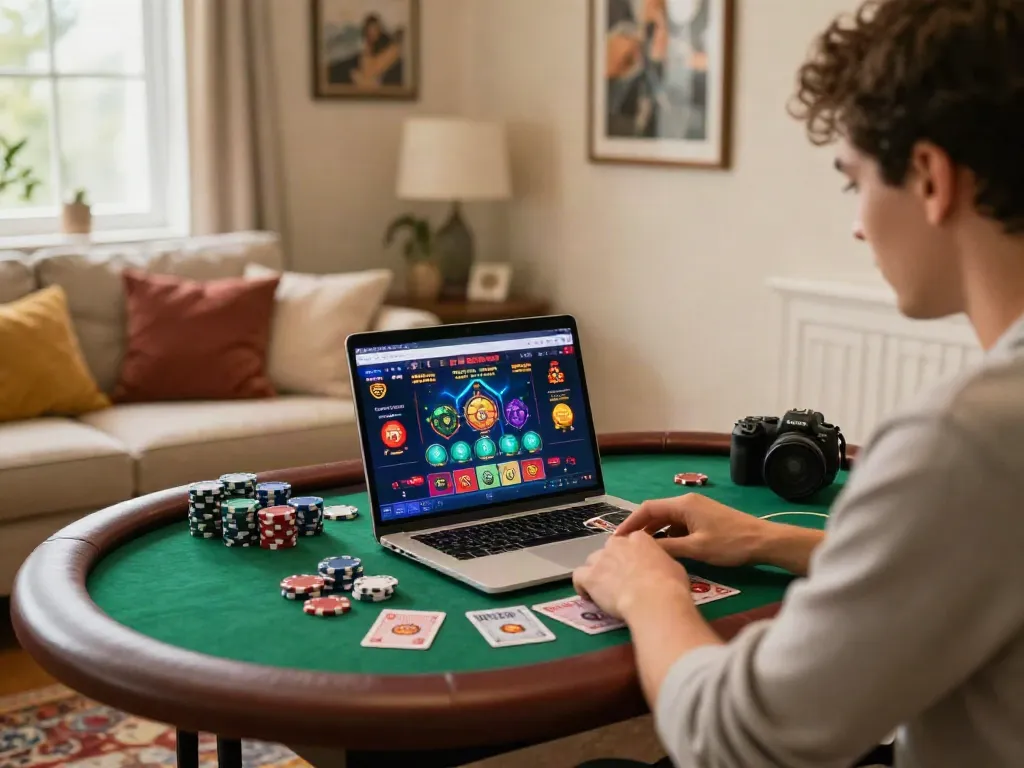 Engaging online gaming setup at a casino not on GamStop, showcasing a person at a laptop with poker chips and a cozy atmosphere.