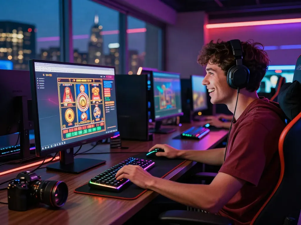 Gamer enjoying a thrilling experience on a casino not on GamStop, showcasing gaming setup and city skyline.