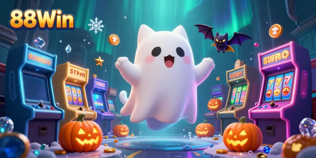Experience thrilling gameplay at 88Win with a ghost cat and vampire bat in a vibrant casino setting.