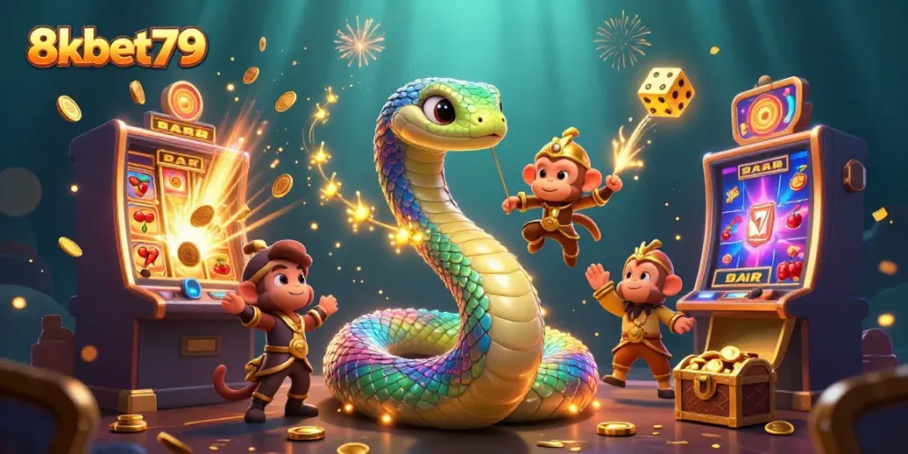 Engage in casino excitement with 8xbet79 featuring a vibrant 3D illustration of a jackpot-winning scene.