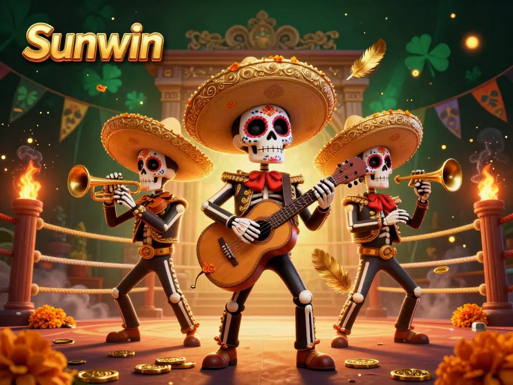 Engage with the Sunwin experience through colorful mariachi skeletons in an exciting casino scene.