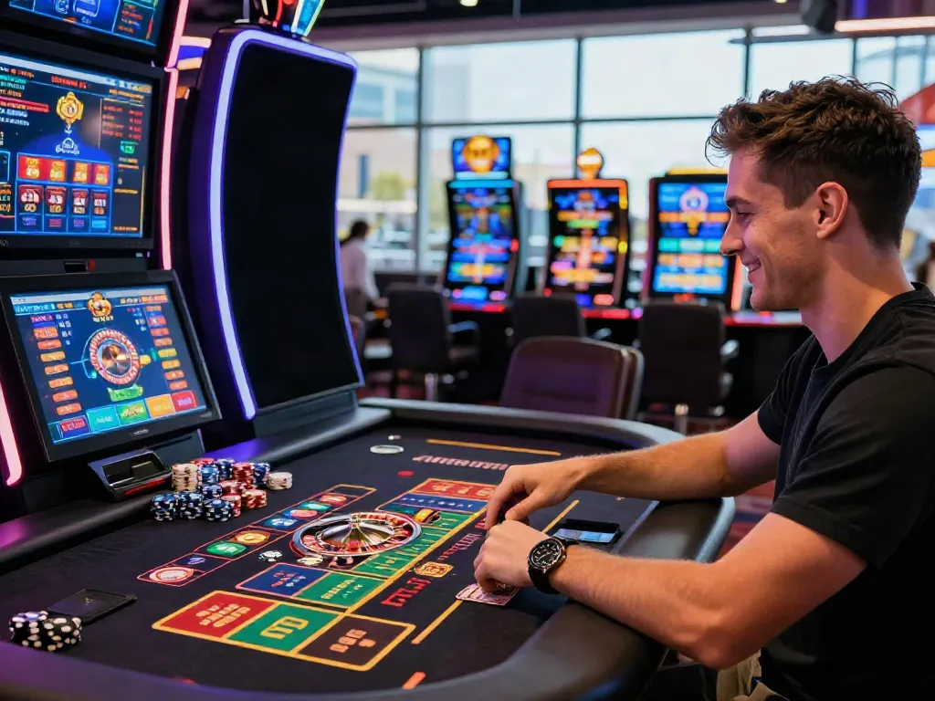 Player enjoying casino not on GamStop game with vibrant lighting and modern setup.