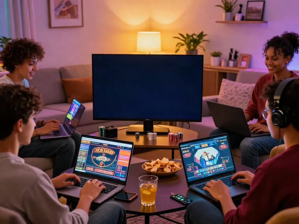 Players enjoying casino games not on Gamstop in a lively living room