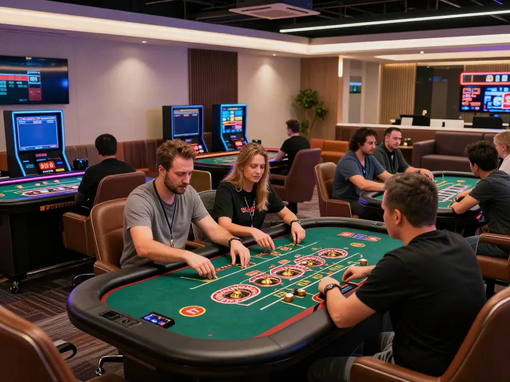 Exciting scene of players at a casino not on Gamstop, showcasing vibrant gaming atmosphere and lively roulette game.