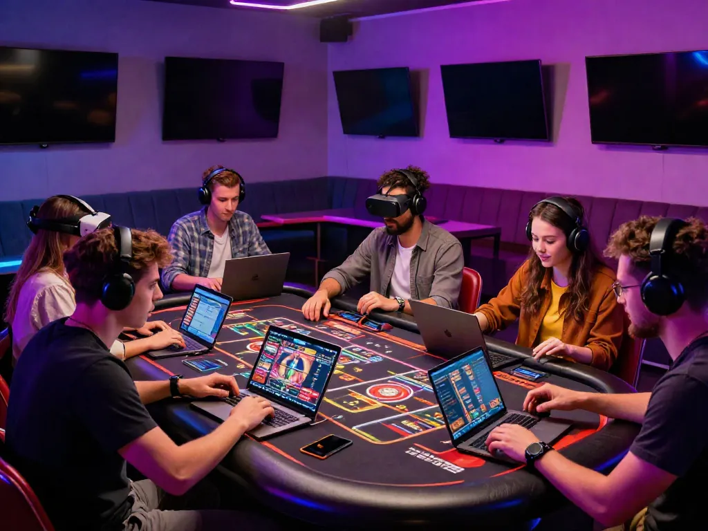 Friends enjoying games at an online casino not on GamStop with vibrant lighting.