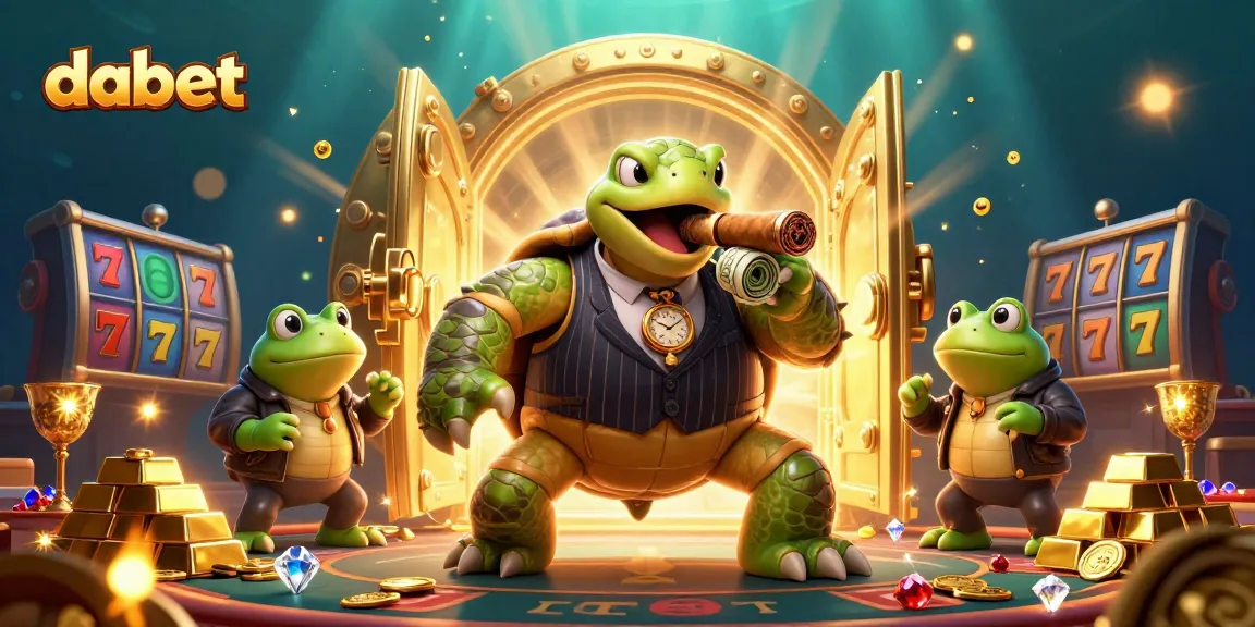Win big with dabet at a vibrant cartoon casino featuring a turtle mobster and frog enforcers!