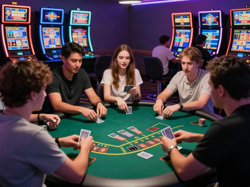 Casino not on Gamstop scene with happy players at blackjack table amid vibrant gaming atmosphere.