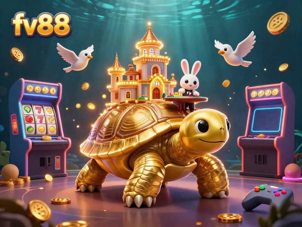 Engage with fv88's vibrant casino realm featuring a golden tortoise and dynamic gameplay.