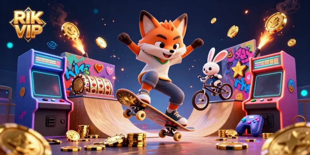 Experience thrilling RIK VIP moments with skateboarding characters amidst dynamic casino elements.