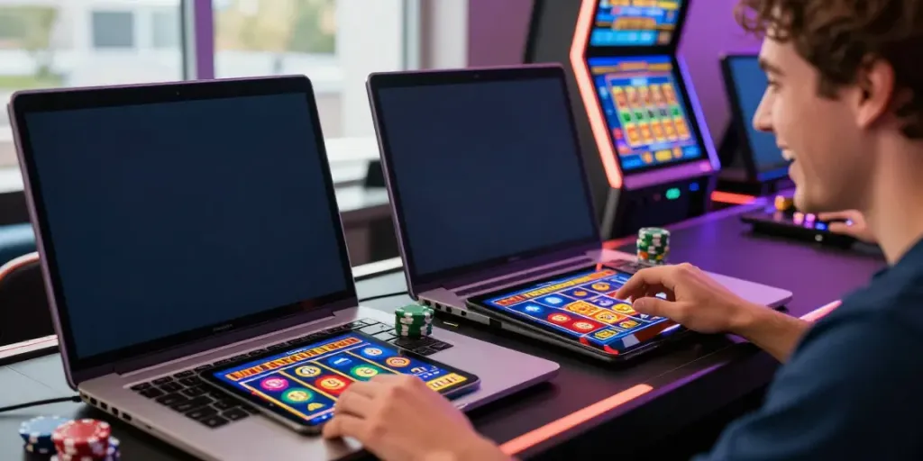 Player enjoying a vibrant casino not on gamstop experience on laptop and tablet, surrounded by colorful graphics and rewards.
