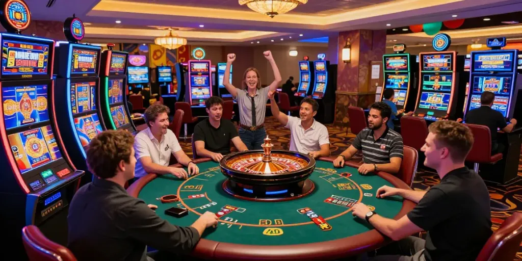 Enthusiastic players at credit card casinos enjoying vibrant slot machines and table games in a lively environment.