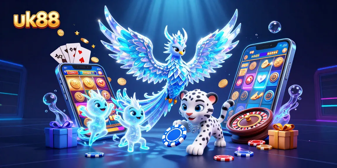 Experience thrilling wins at uk88 with an ice phoenix and poker chips amidst dynamic casino elements.