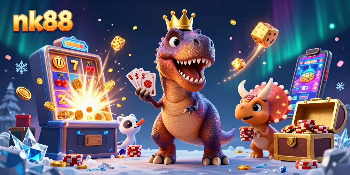 nk88 casino scene showcasing dinosaur characters winning with vibrant slot machine action