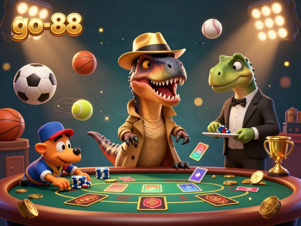 Experience thrilling gameplay at go-88 with a velociraptor gambler, surrounded by dynamic sports elements in this exciting casino scene.