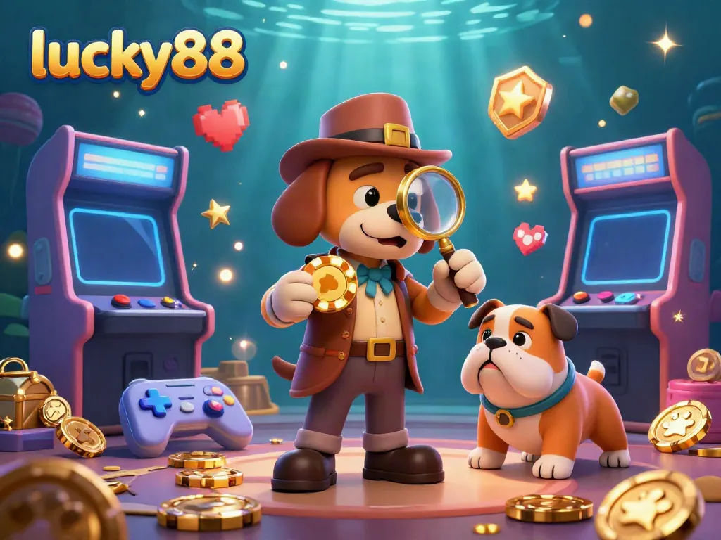 Engage in the vibrant lucky88 casino scene with a detective and a bulldog exploring golden poker chips and games.