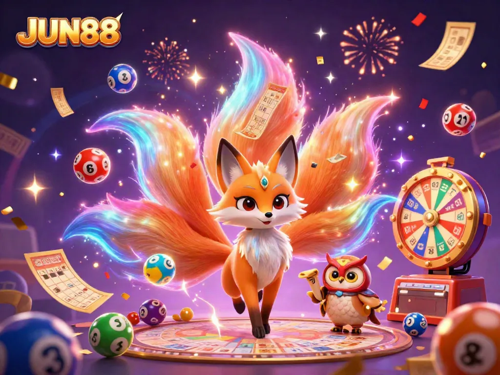 Engage with the vibrant spirit of JUN88 through this dynamic depiction of a nine-tailed fox and an owl amid magical casino elements.