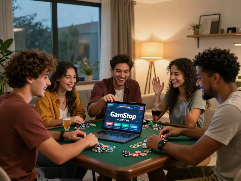 Group enjoying casino not on GamStop games in cozy living room