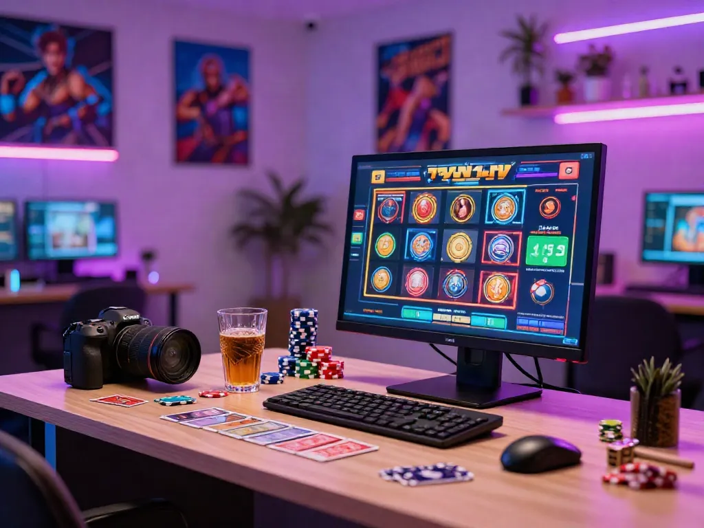 Exciting online gaming setup at a casino not on gamstop with colorful chips and engaging slot game display.