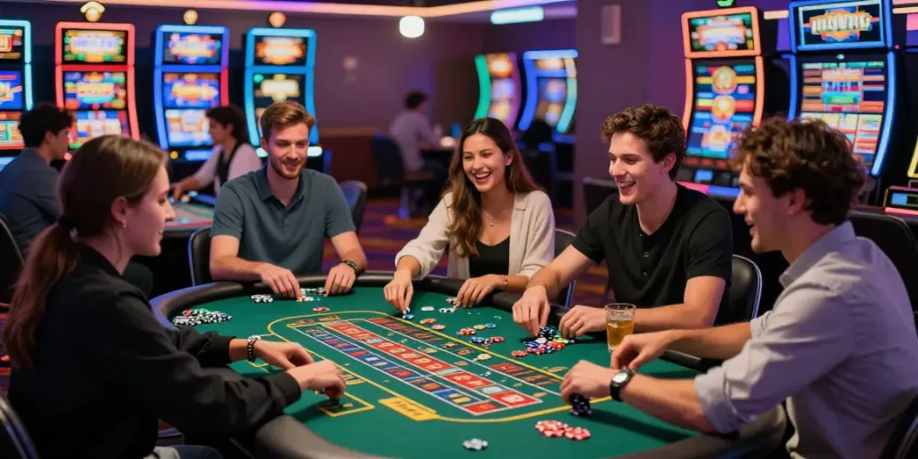 Players celebrating at a vibrant online casino, exploring casino not on gamstop.