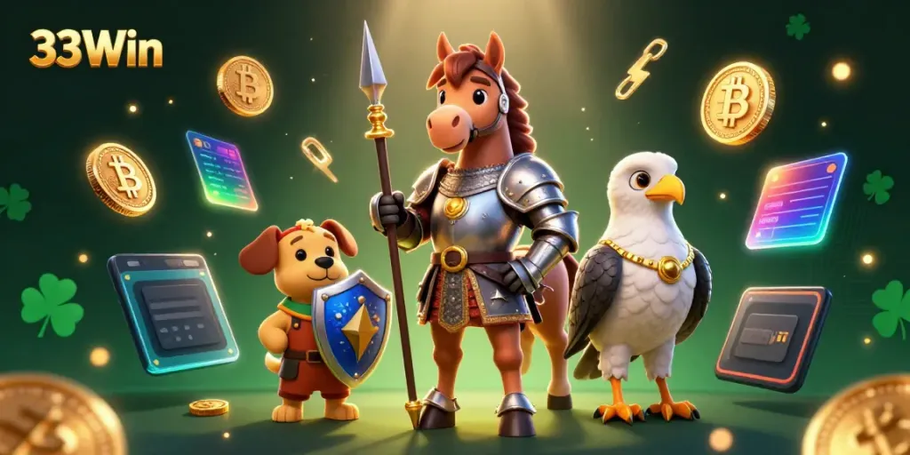 Join the excitement of 33Win with a medieval knight, squire puppy, and falcon amidst vibrant gaming elements.