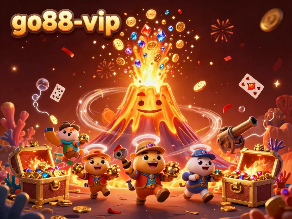 Experience the excitement of go88-vip with a golden volcano erupting treasures in a dynamic casino scene.