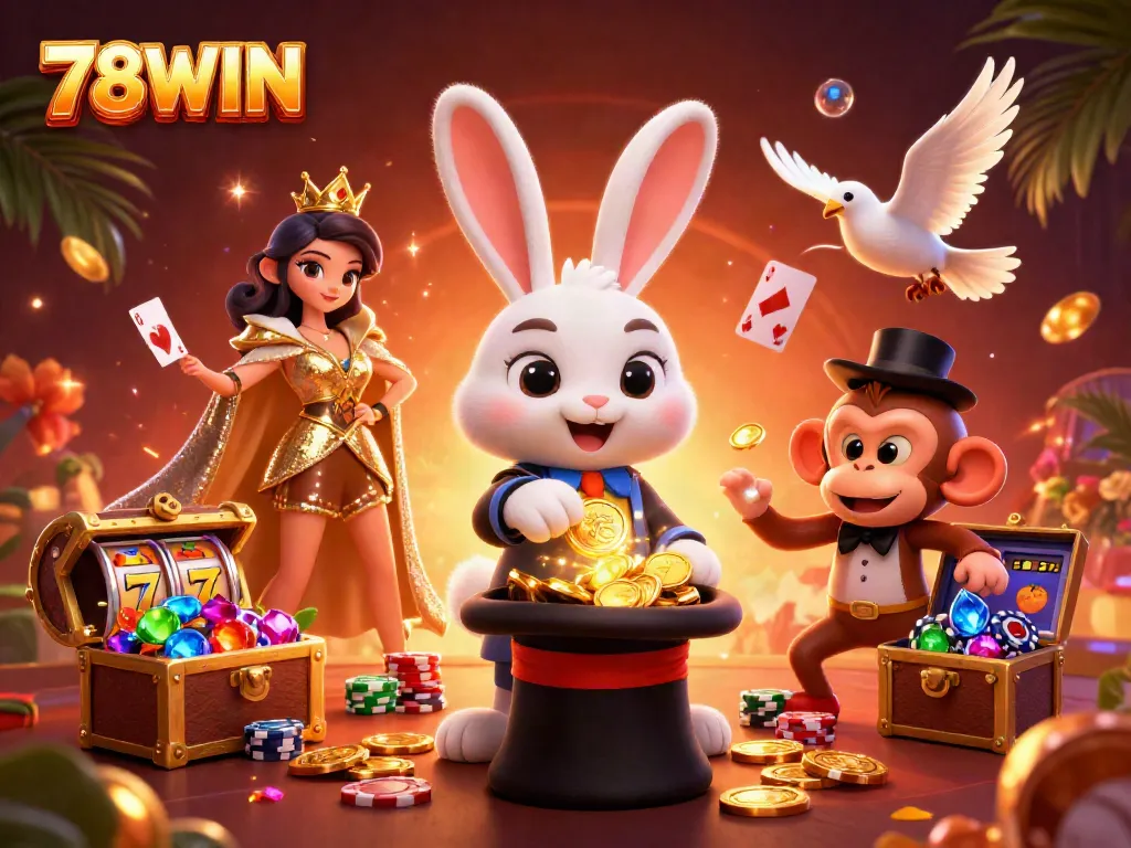 Experience the thrilling world of 78WIN with a vibrant illustration of a magician rabbit and friends in a casino theme.