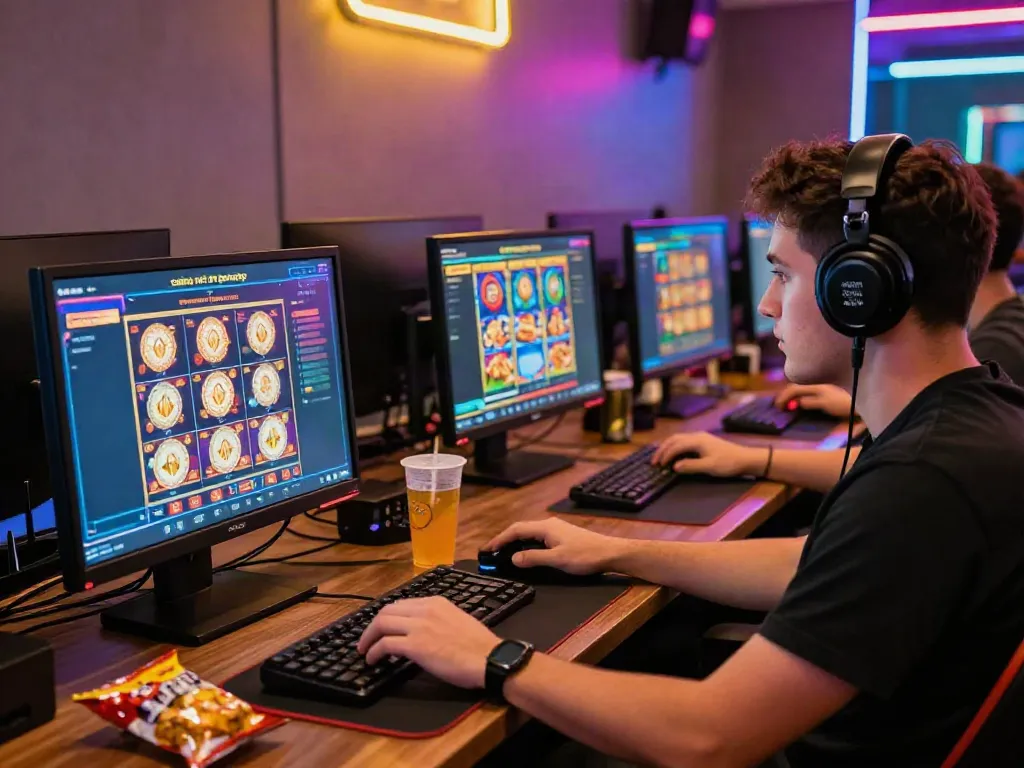 Player enjoying games at a casino not on gamstop with vibrant neon lights.