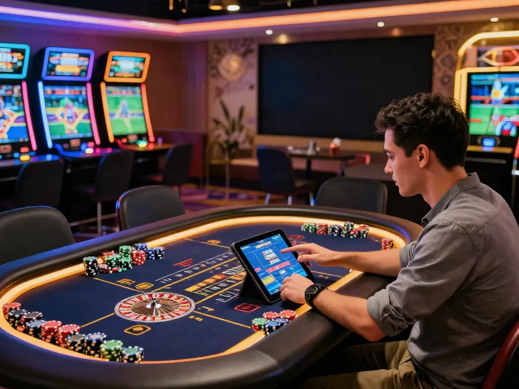 A player engaged with a casino not on gamstop, enjoying a digital roulette game on a tablet surrounded by colorful chips and vibrant gaming machines.
