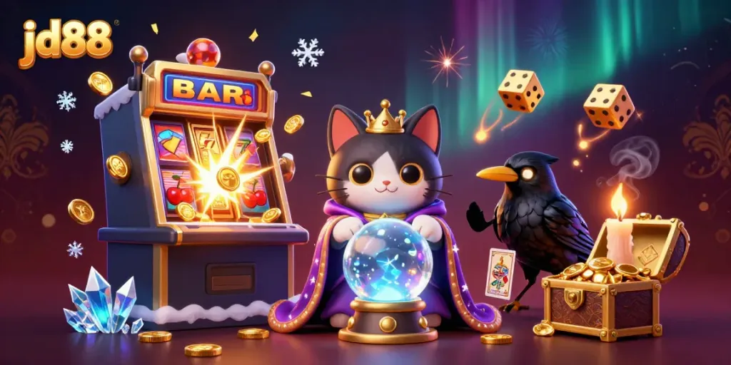 Spin the reels at jd88 with a magical cat fortune teller and a raven dealer, surrounded by jackpots and slot game elements.
