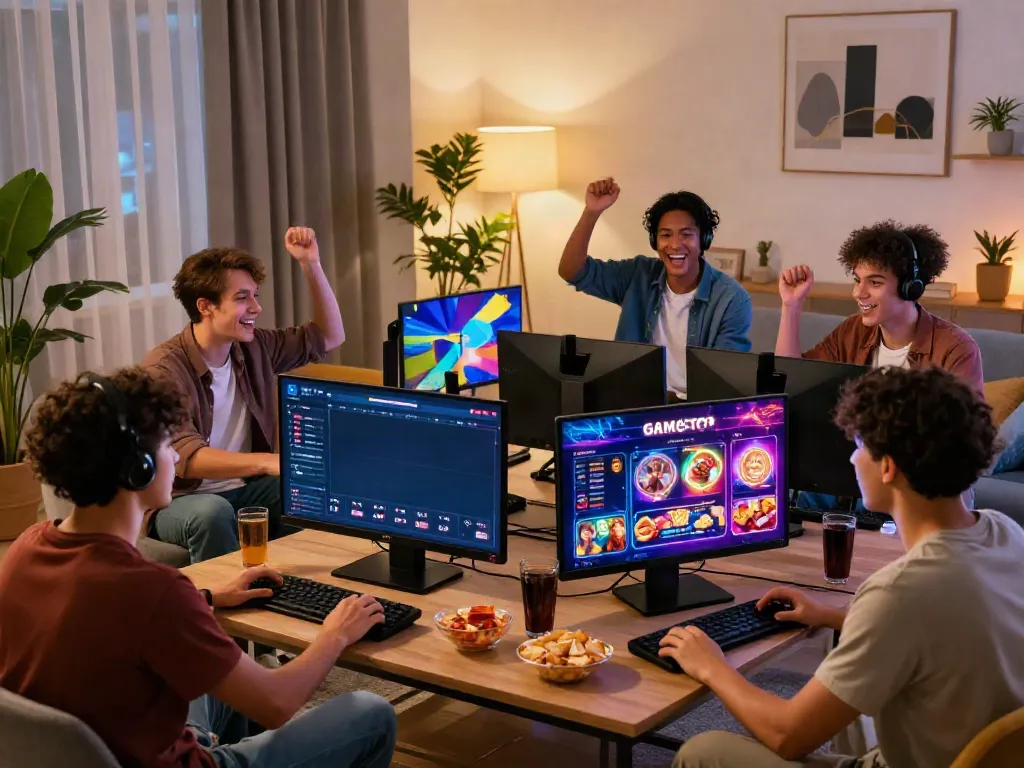 Friends enjoying a lively gaming session at a non GamStop casino on a laptop.