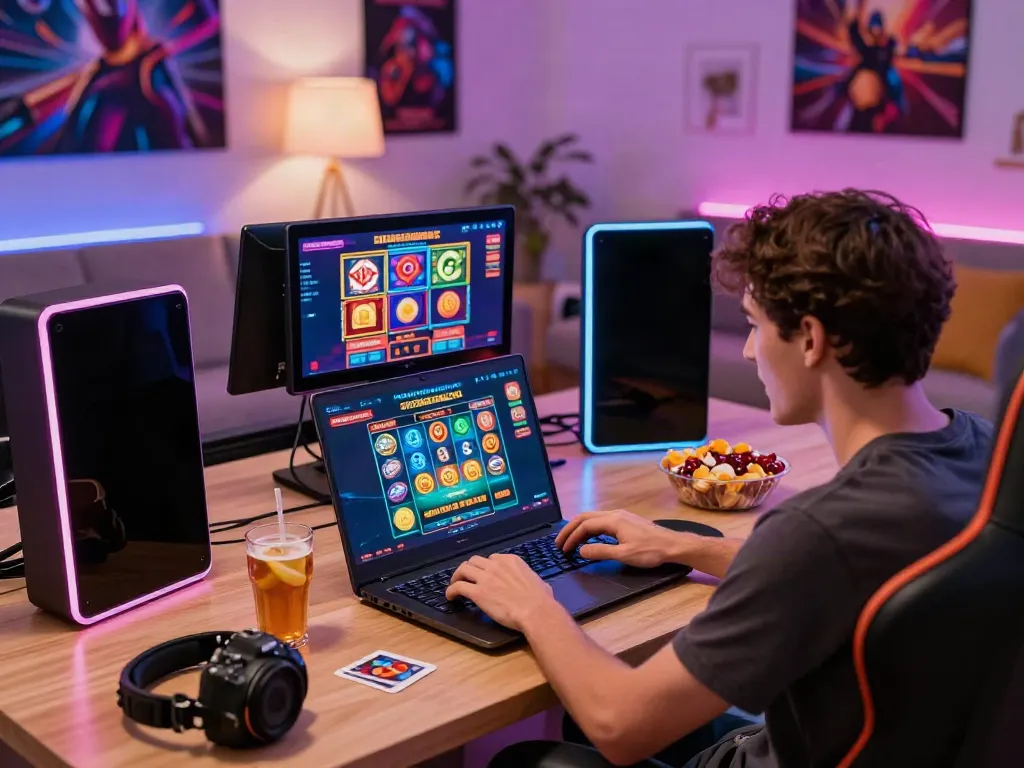 Exciting casino not on Gamstop gaming scene with player and vibrant visuals