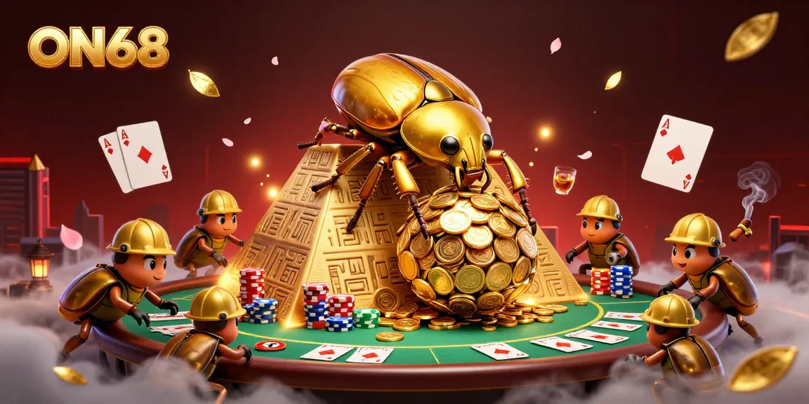 Experience the thrill of betting with ON68, featuring a vibrant casino illustration of beetles in action.