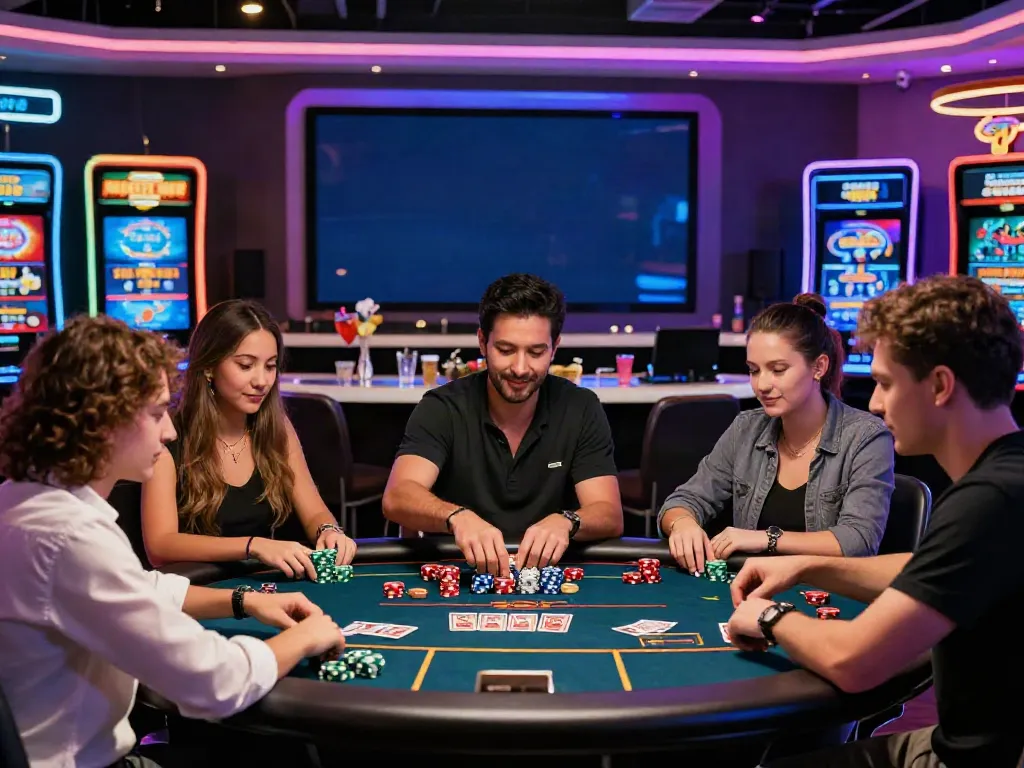 Players gathering at a casino not on GamStop, enjoying games and drinks in a lively atmosphere.
