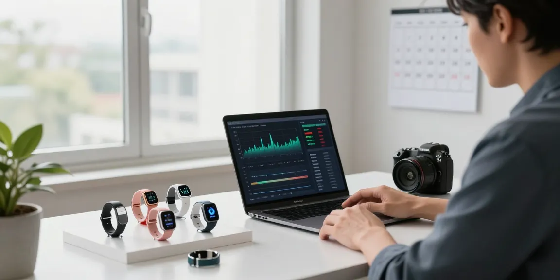 Researching smart ring technology trends in a modern workspace with wearable devices on display.