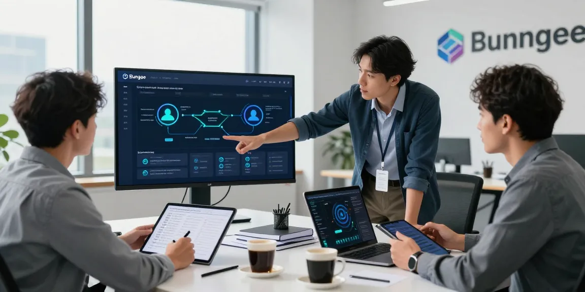 Bungeeexchange teamwork in a modern office setting with digital asset management, showcasing interaction and data analysis.