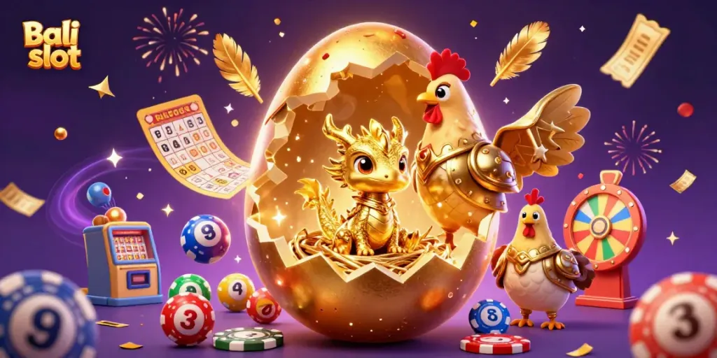 Bali slot theme featuring a golden dragon and poker chips amid lottery elements with dynamic visuals