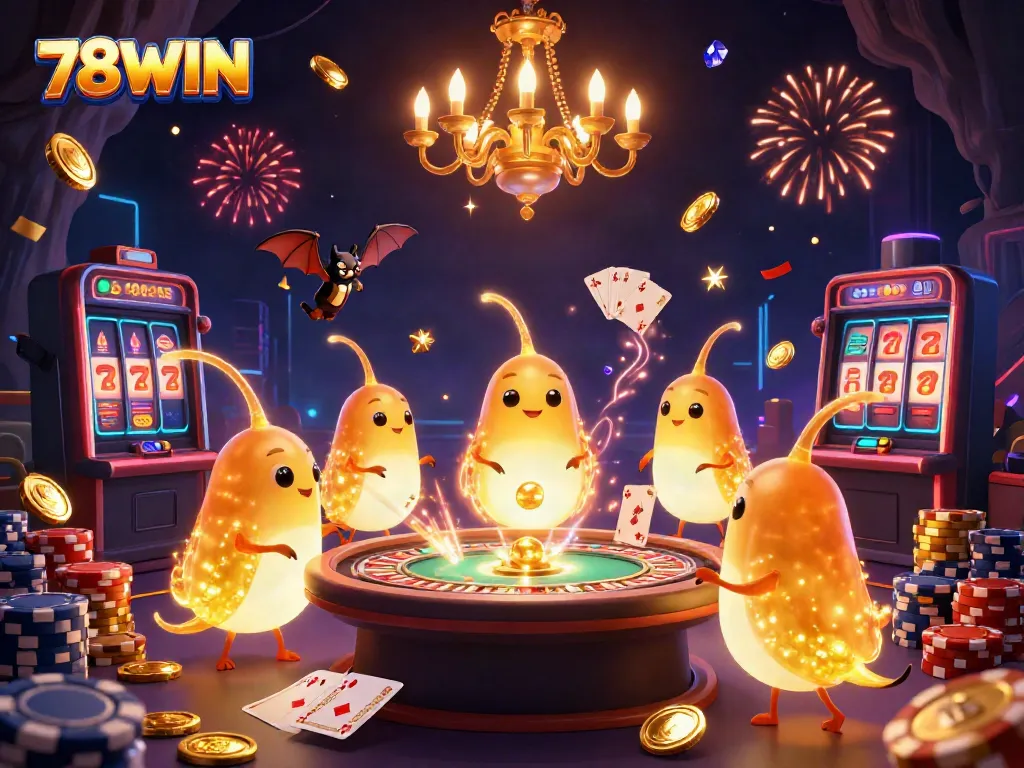 Experience the excitement of 78WIN with glowing creatures lighting up a vibrant casino scene.