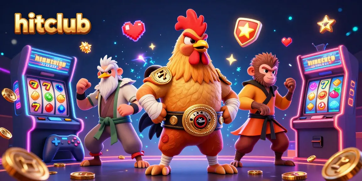 Experience hitclub's excitement with a fierce Muay Thai rooster, colorful slots, and vibrant arcade elements!