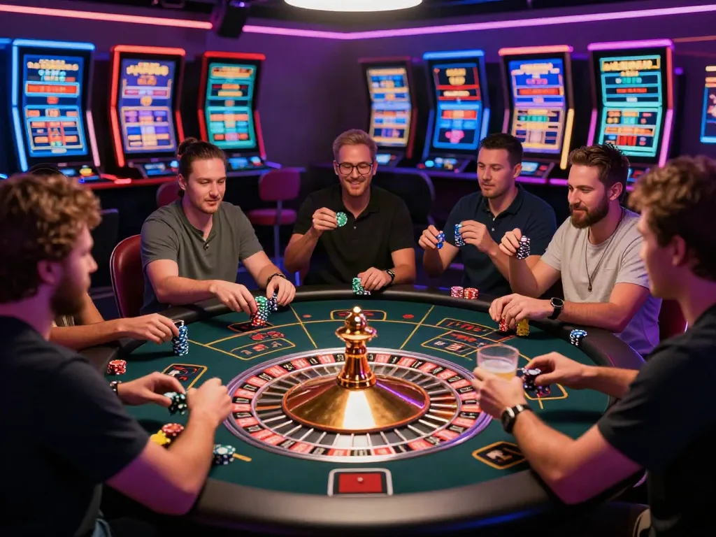 Engaging casino not on GamStop scene with players at roulette table, vibrant lighting, and dynamic atmosphere.