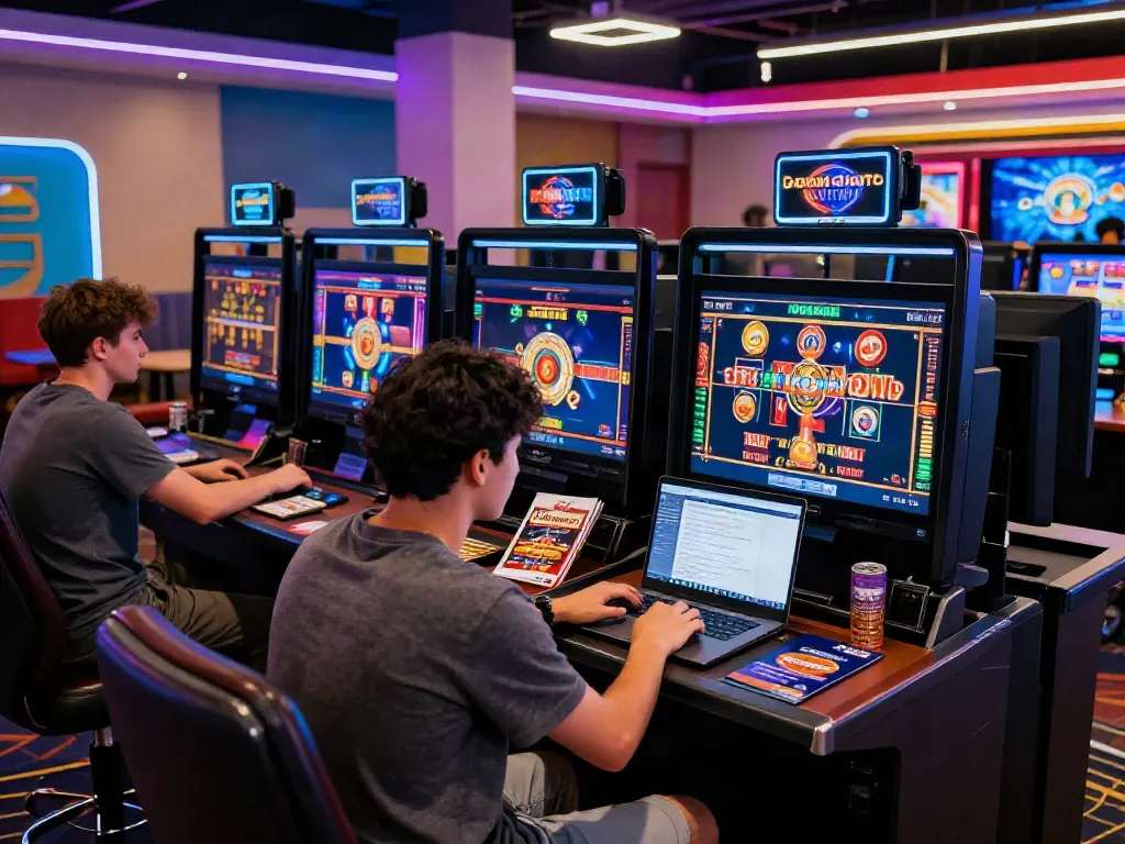 Player enjoying a gaming experience at a casino not on GamStop, with vibrant screens and promotional materials on display.